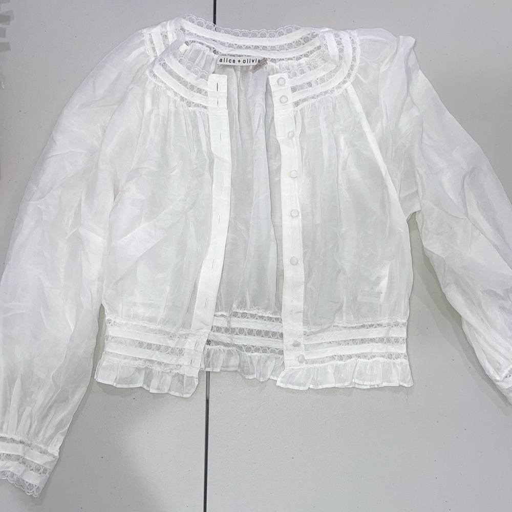 Alice + Olivia white button front linen blouse